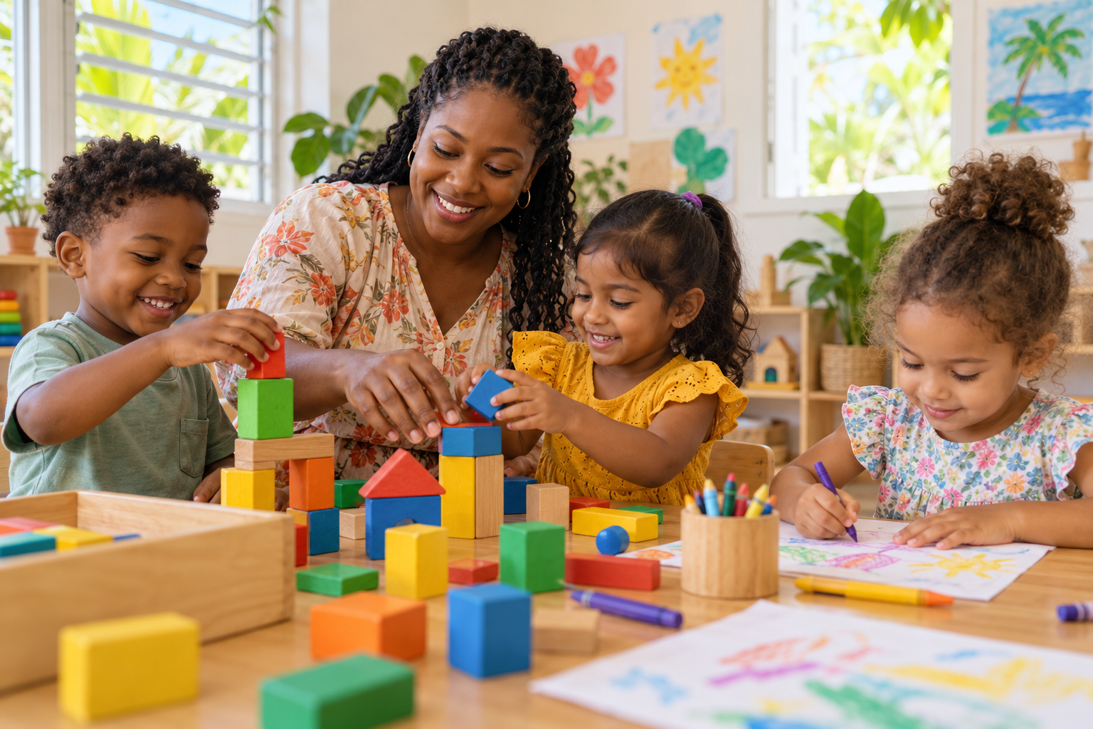 Illustrative teacher and children exploring colourful blocks in a classroom